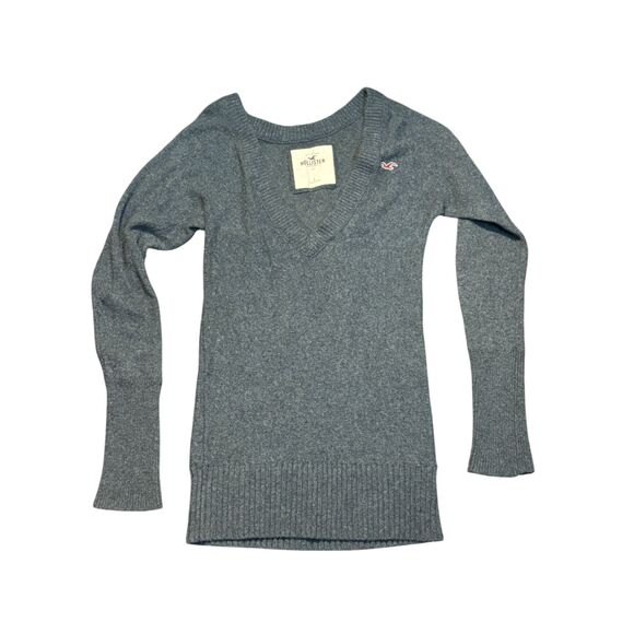 Hollister Sweaters - Hollister Y2K Gray knit Ribbed Trim V Neck‎ Sweater Cotton Rabbit Hair 90s sz L